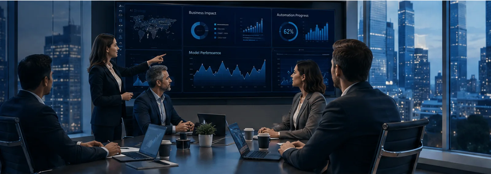 Executive team reviewing artificial intelligence strategy and business analytics