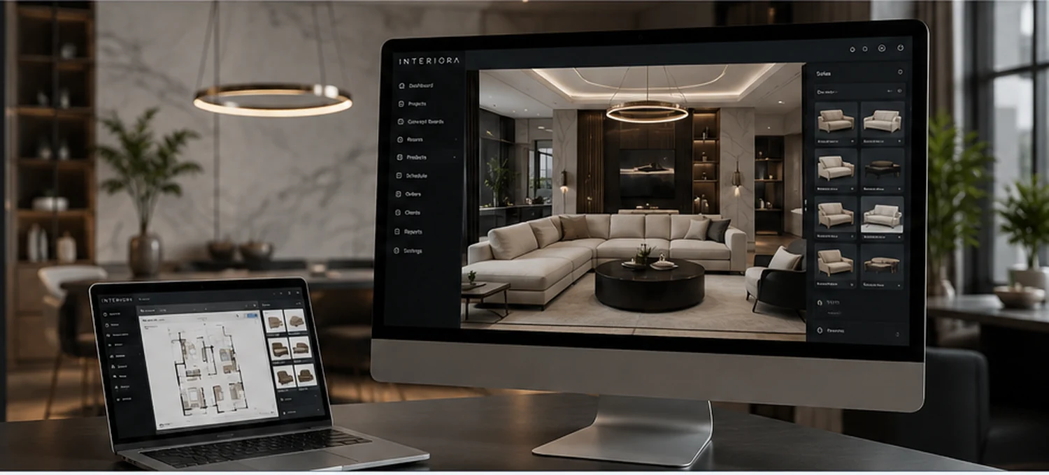 Interiora interior design business platform showing room design, floor planning, products, and project management tools